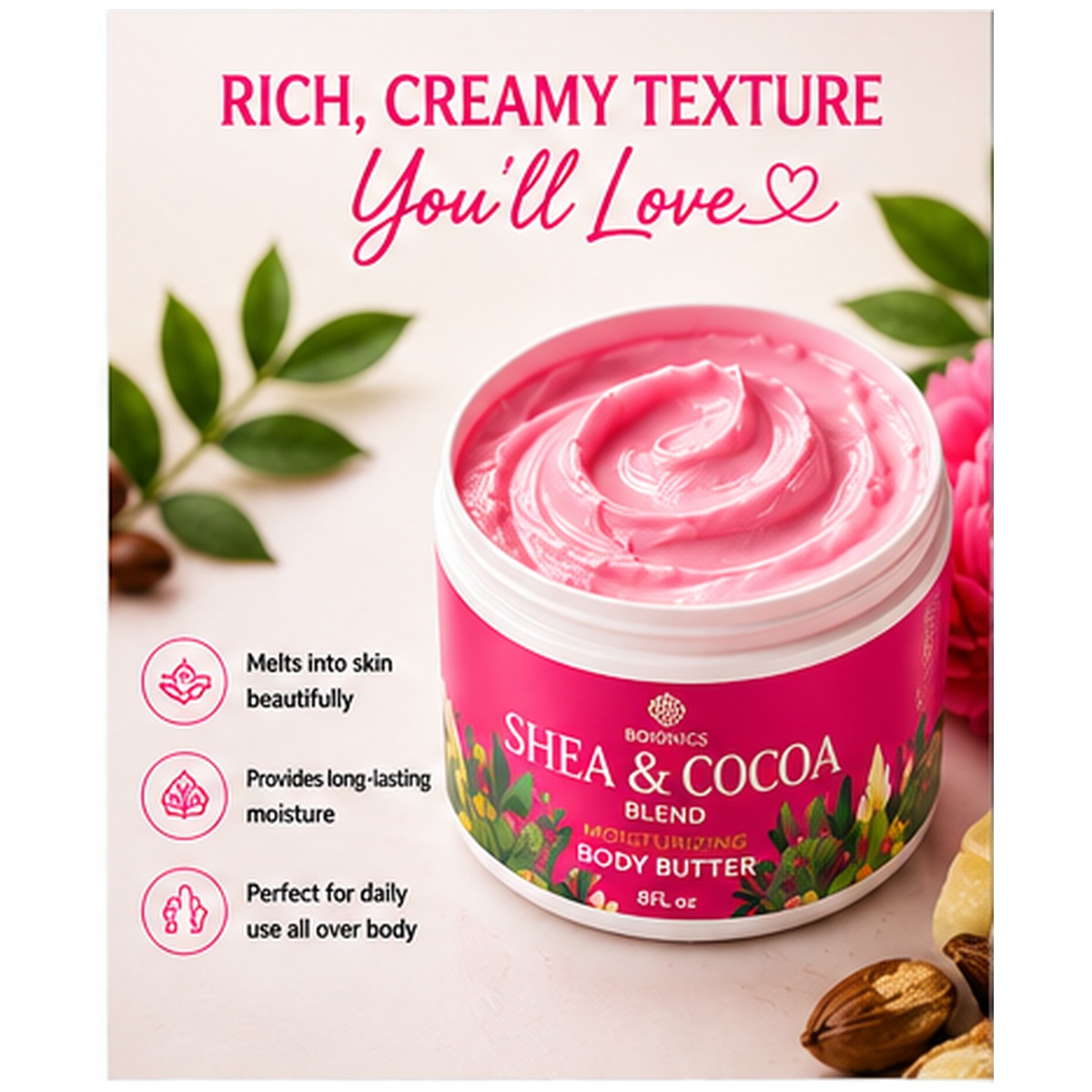 Bo10nics Shea & Cocoa Moisturizing Body Butter – Unscented – 8 oz - Image 2